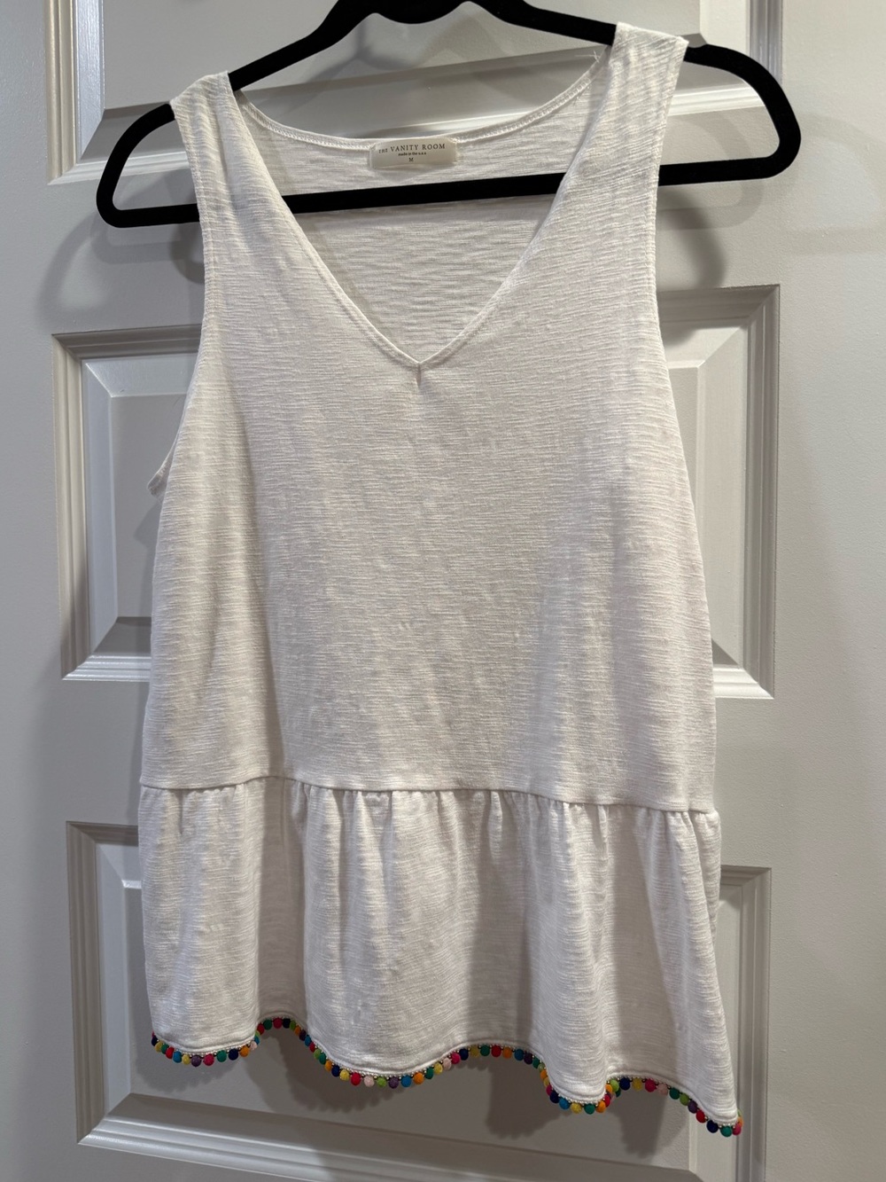 White Peplum Tank Top with Rainbow Pompom and Beaded Hem - NWOT - Size M